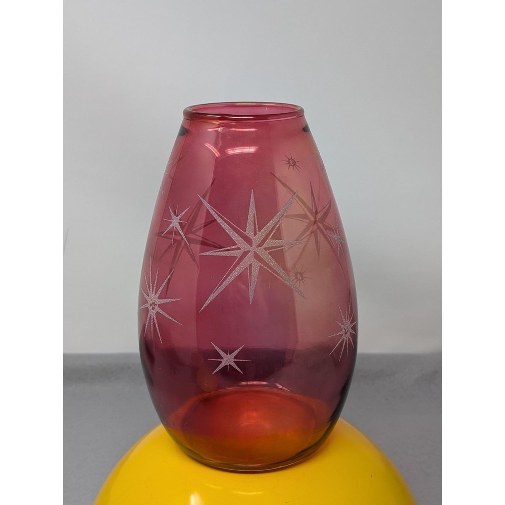Vtg Mid Century Bartlett Collins Red Glass Vase Metallic Gold Starbursts 7"